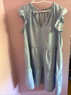 LOFT Soft Blue Ruffle-Trim V-Neck Dress